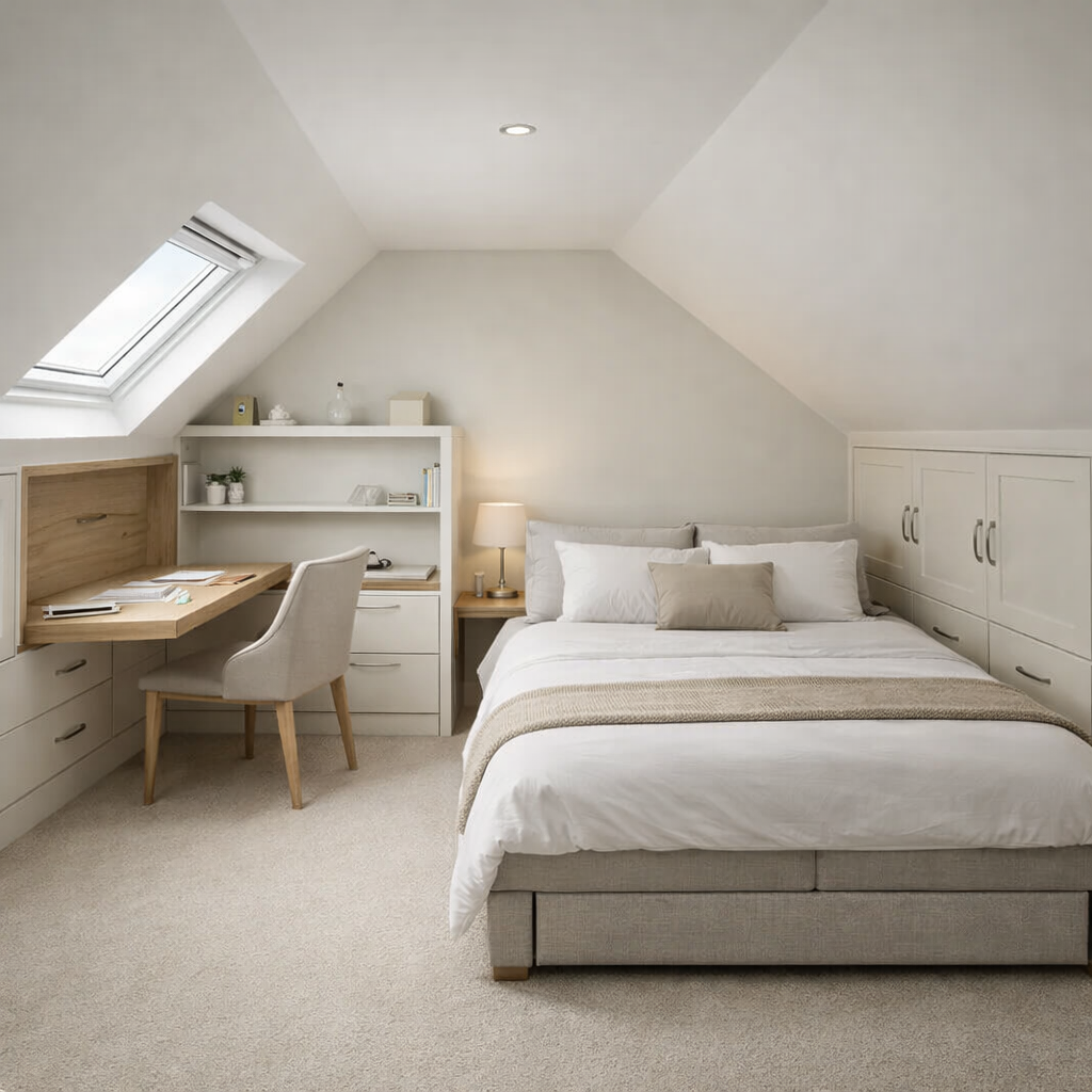 Small loft conversion bedroom in South West London with built-in desk, storage and roof window