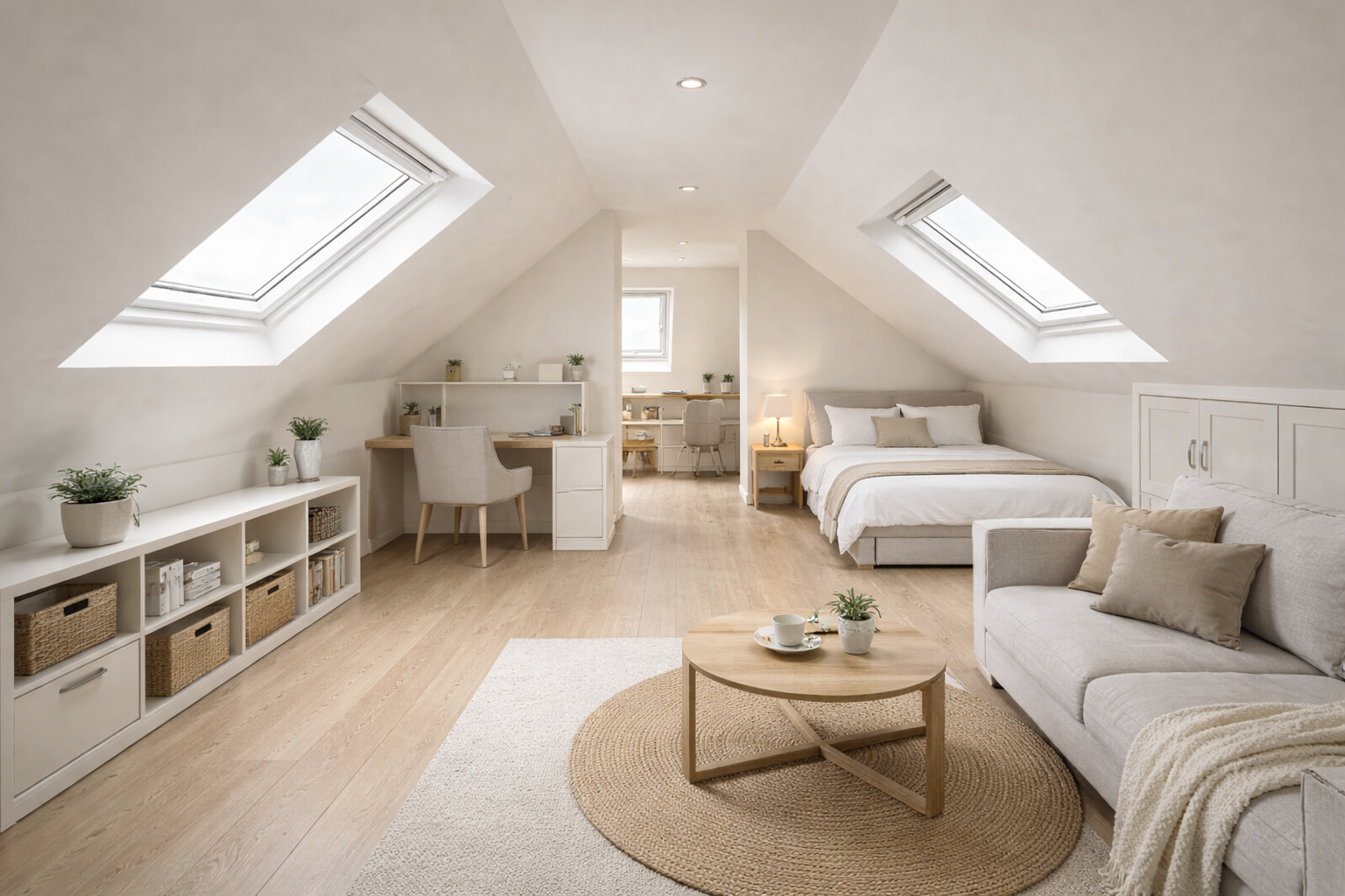 Open-plan loft conversion in South East London with bedroom, living area and roof windows