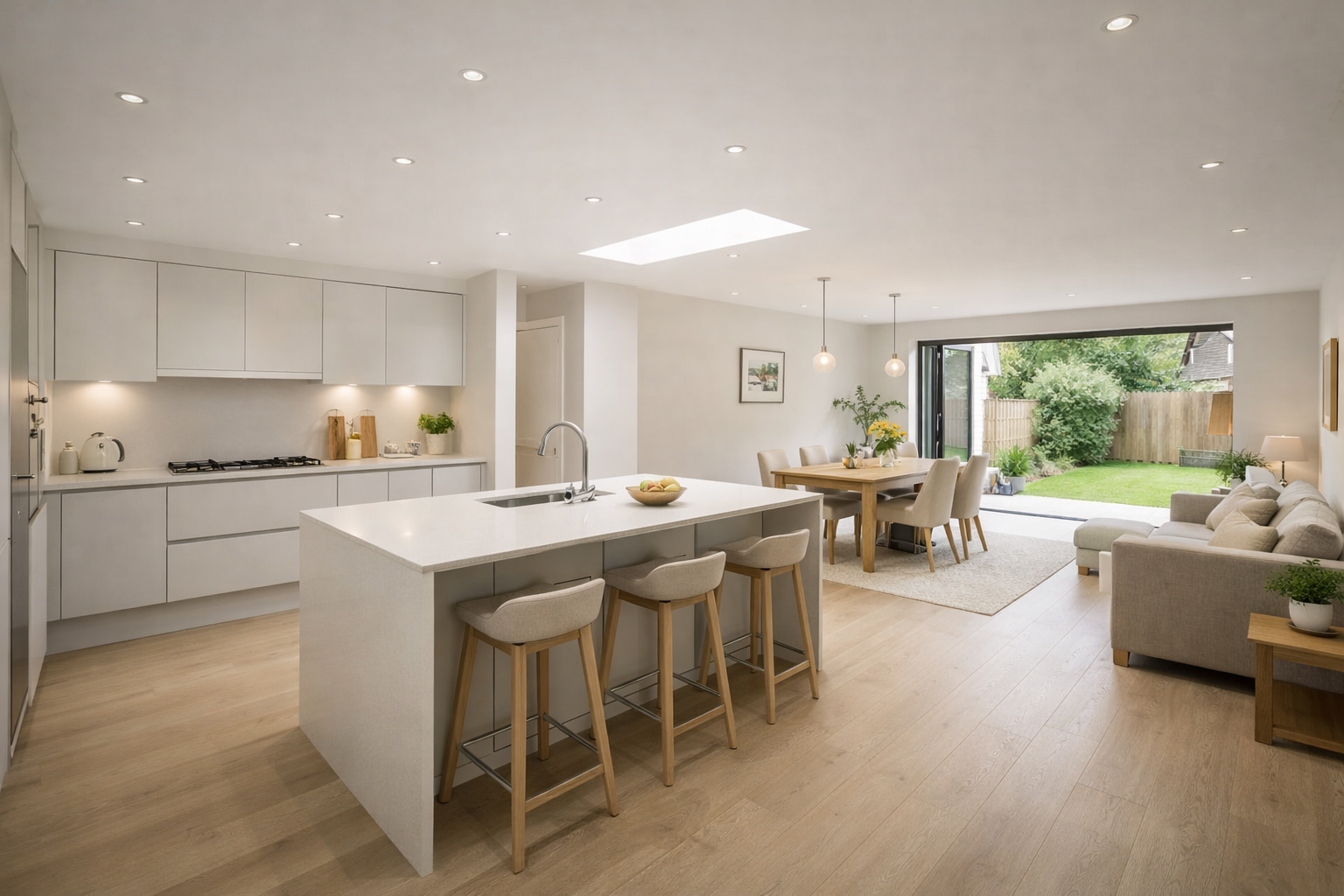 Open-plan kitchen, dining and living extension in South West London with island seating and rooflight