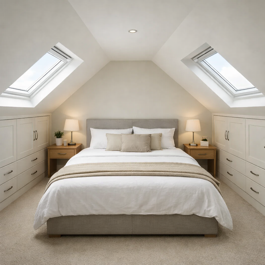 mall loft conversion bedroom in South East London with built-in eaves storage and roof windows 