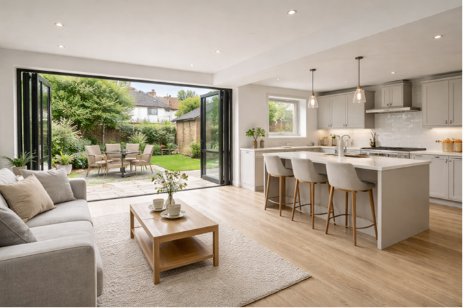 Open-plan kitchen extension in South West London with island seating, bi-fold doors and garden access