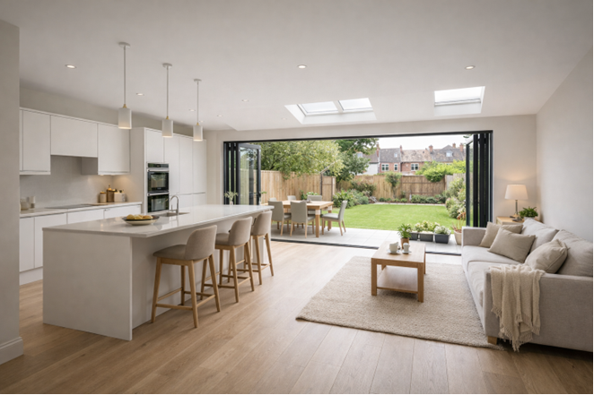 Rear kitchen extension in South East London featuring rooflights, open-plan living space and garden views