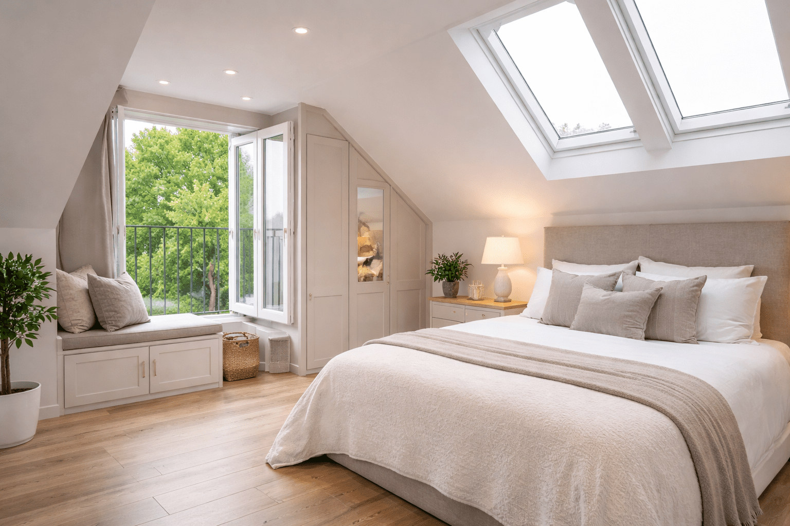 Loft conversion bedroom with dormer window and skylight in a modern London home