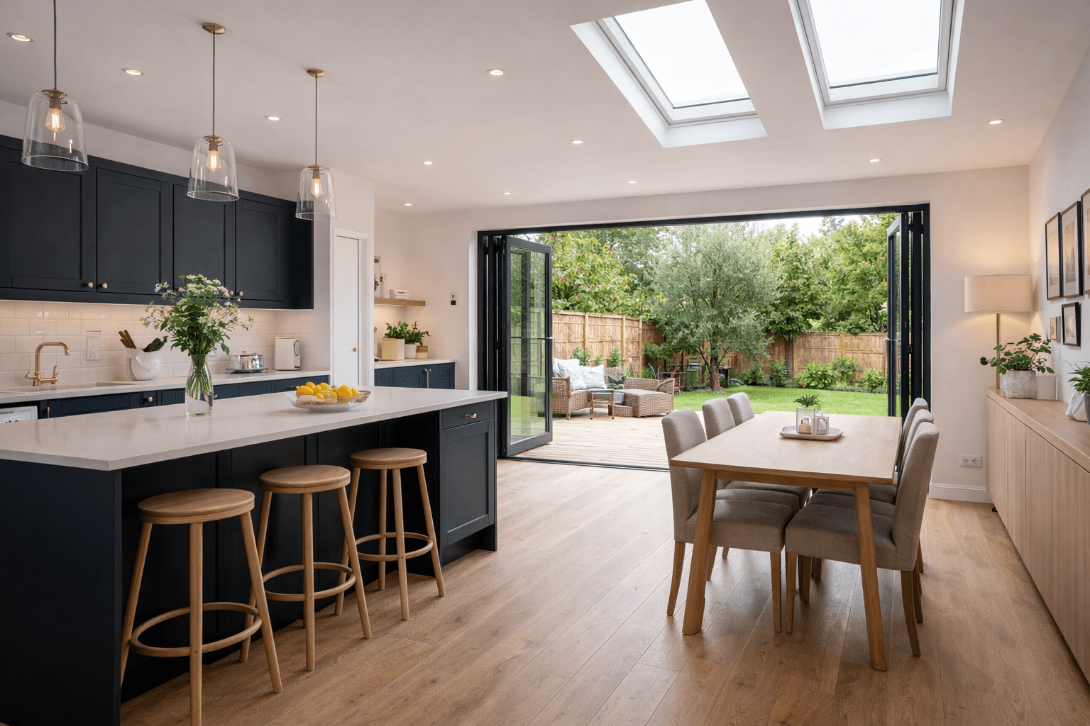 Modern house extension London with open-plan kitchen, skylights and bi-fold doors opening to garden