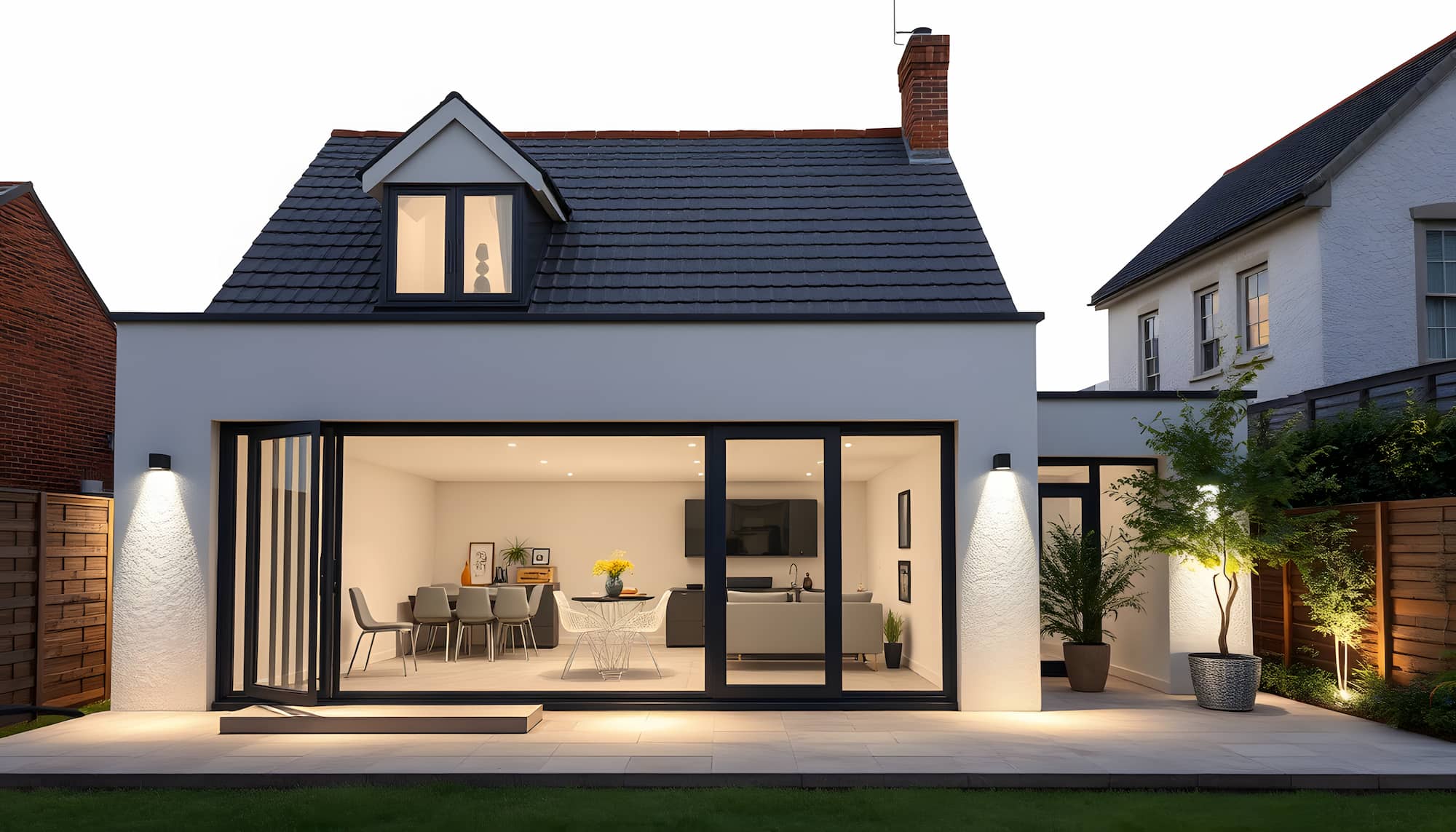 Rear house extension with large sliding glass doors and a dormer loft conversion creating bright open-plan living space completed by Sunny Build in South West London.