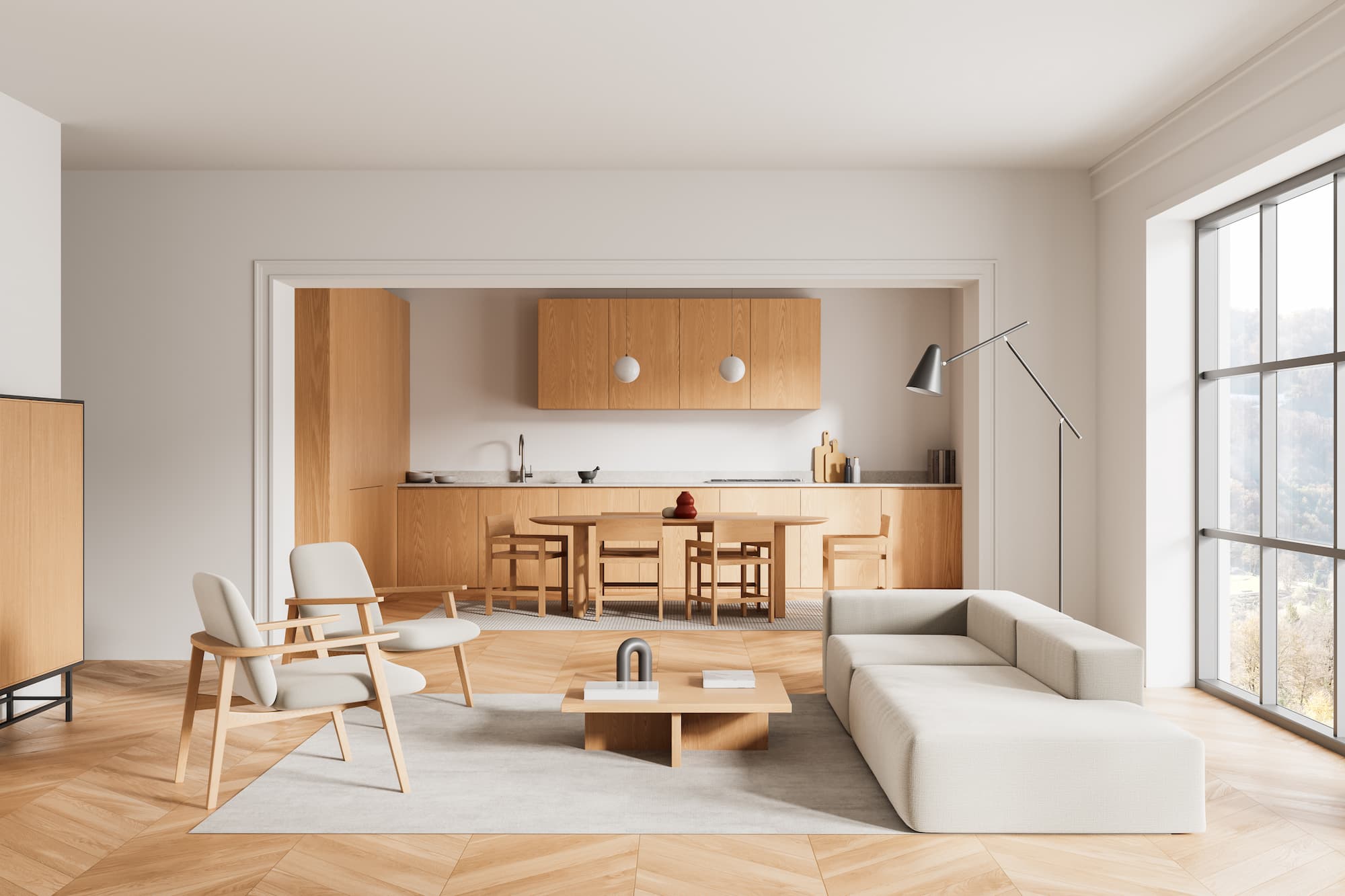 Modern open-plan living and dining room with bespoke wooden cabinetry and minimalist interior design completed by Sunny Build in South West London.