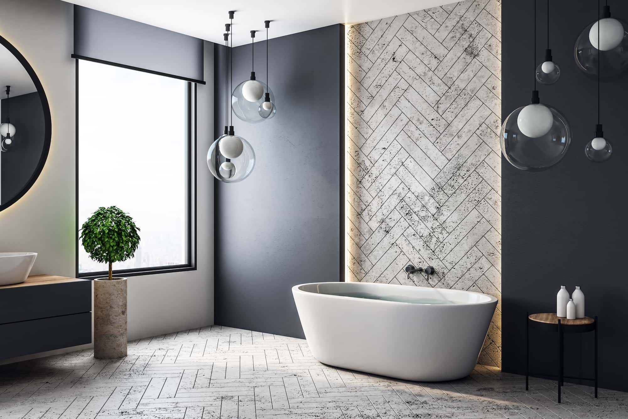 Contemporary luxury bathroom featuring a freestanding bath, herringbone tile feature wall, designer lighting and premium finishes completed by Sunny Build in South West London.