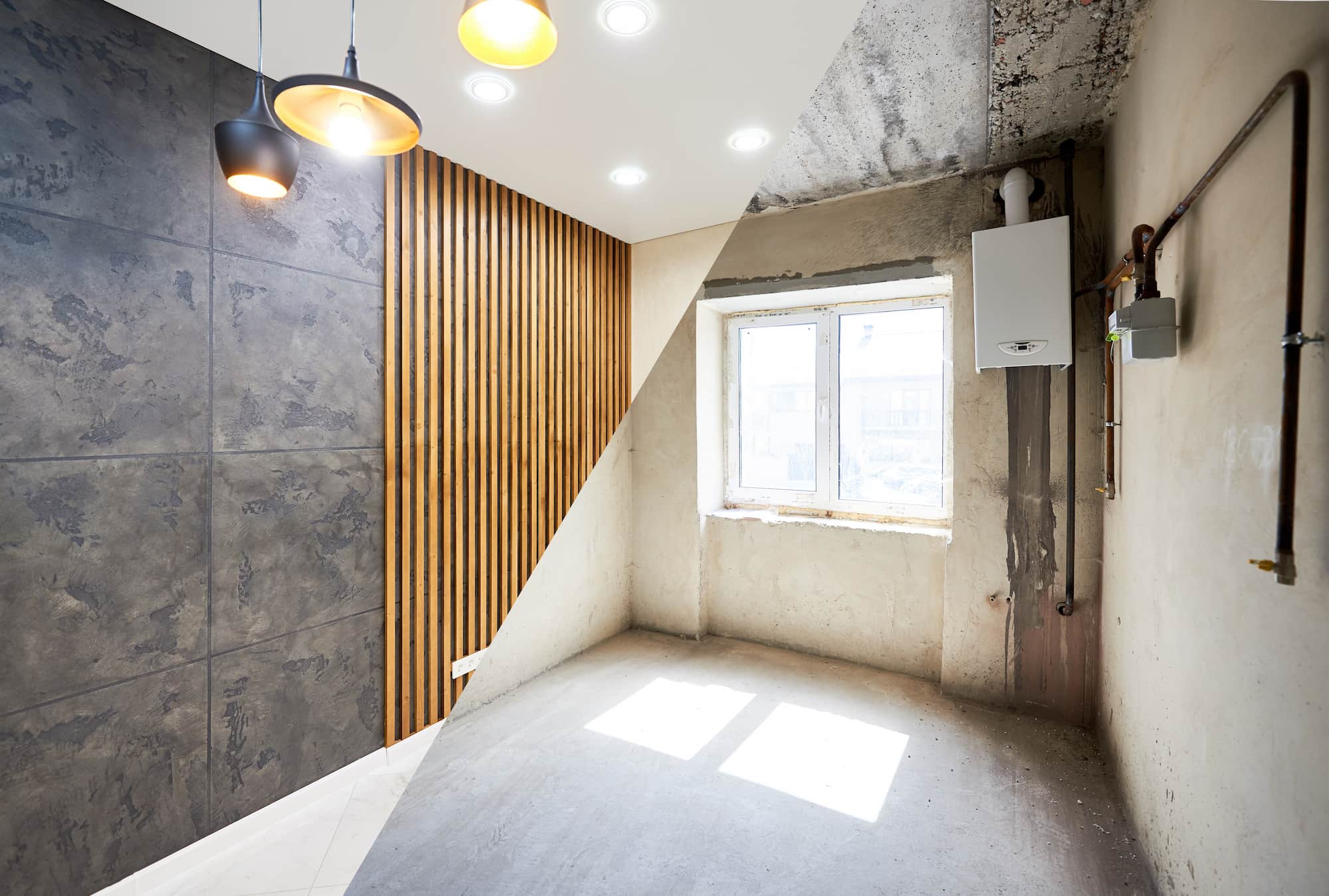 Before and after home renovation showing the transformation from an unfinished interior space to a modern room with feature wall panelling, contemporary lighting and premium finishes by Sunny Build.