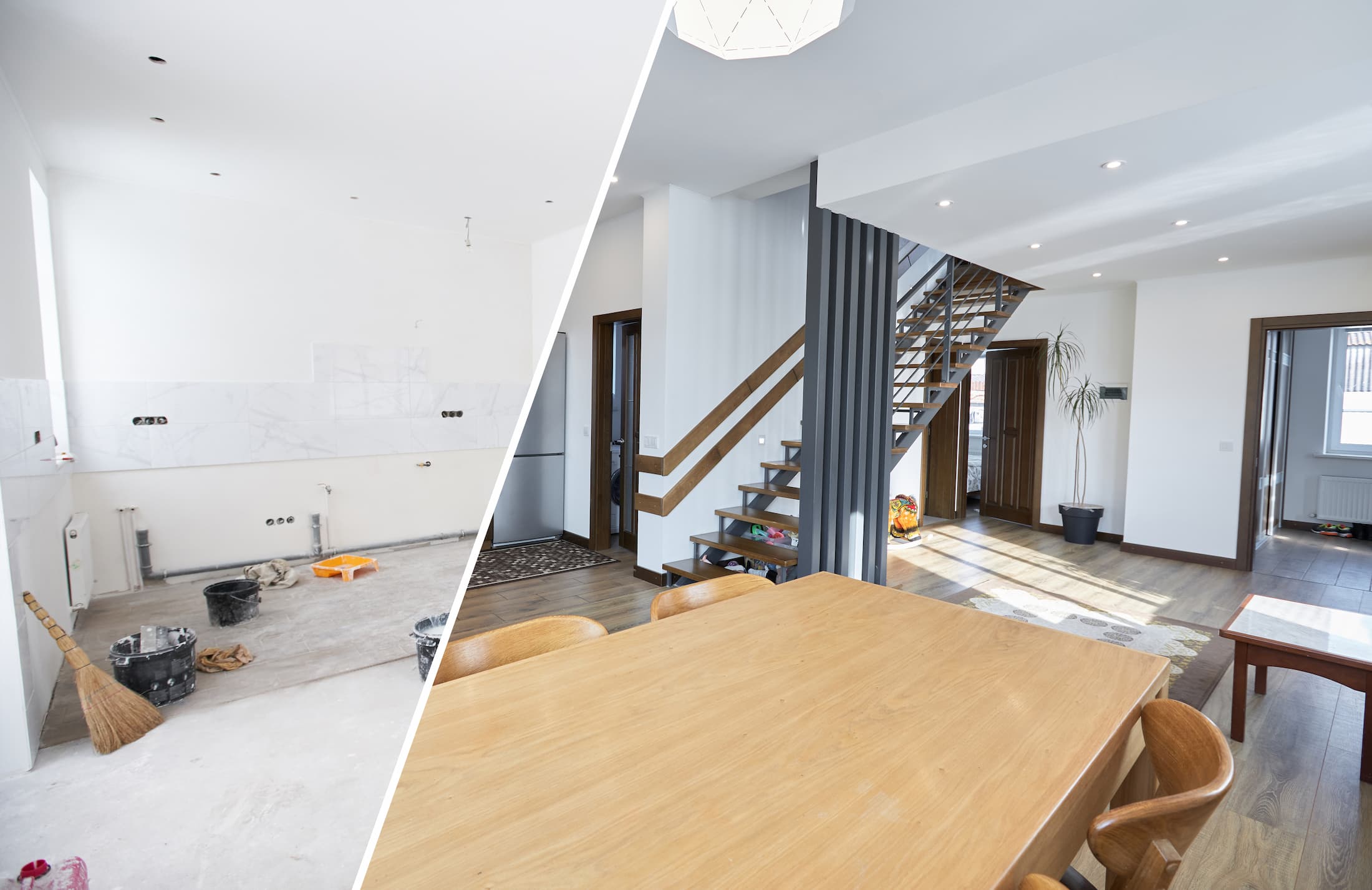 Before and after home renovation showing the transformation from an unfinished interior to a modern open-plan living and dining space completed by Sunny Build in South West London.