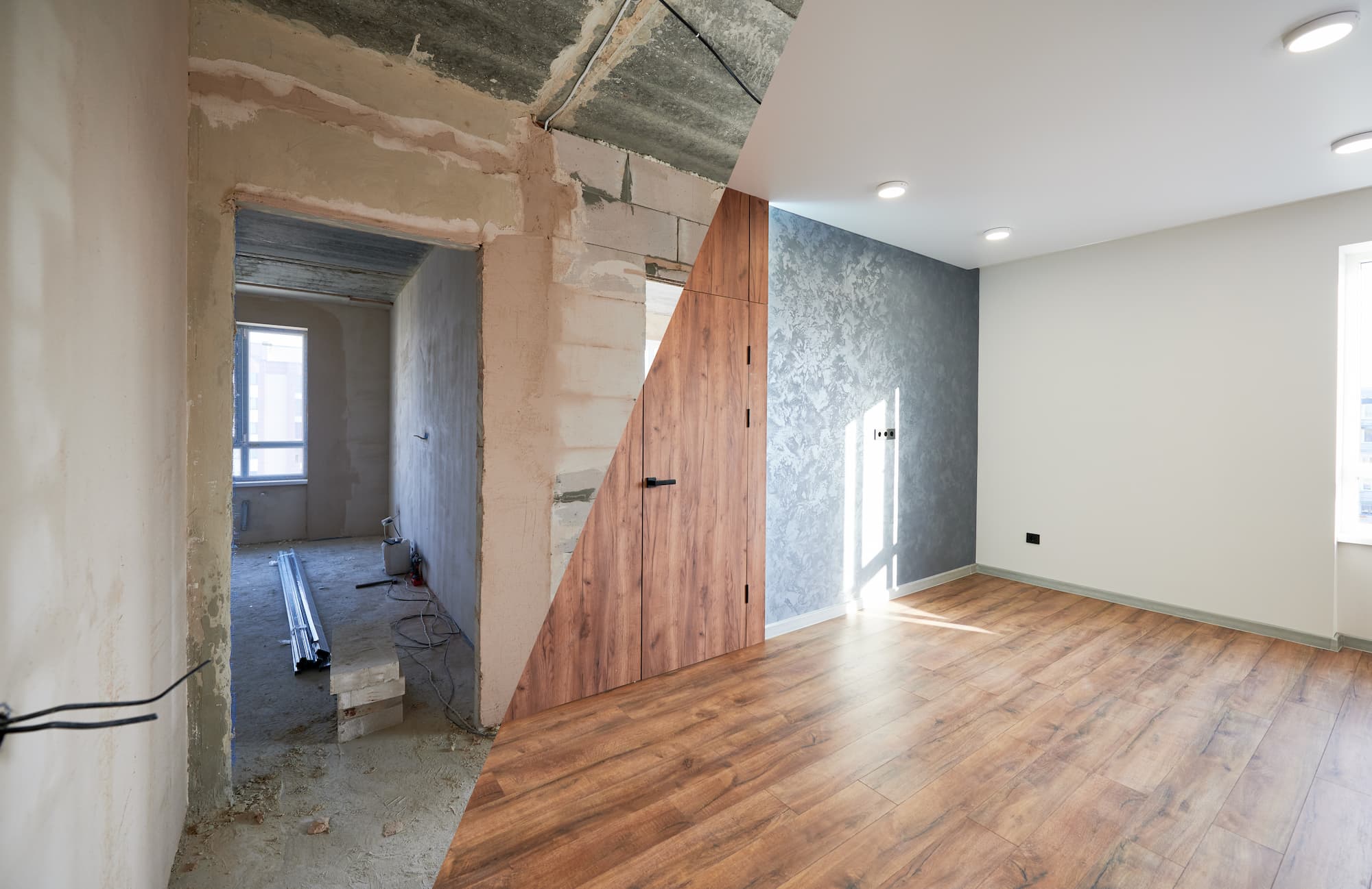 Before and after room renovation showing the transformation from an unfinished interior with exposed walls and ceilings to a modern living space with wood flooring and decorative feature wall completed by Sunny Build in South West London.