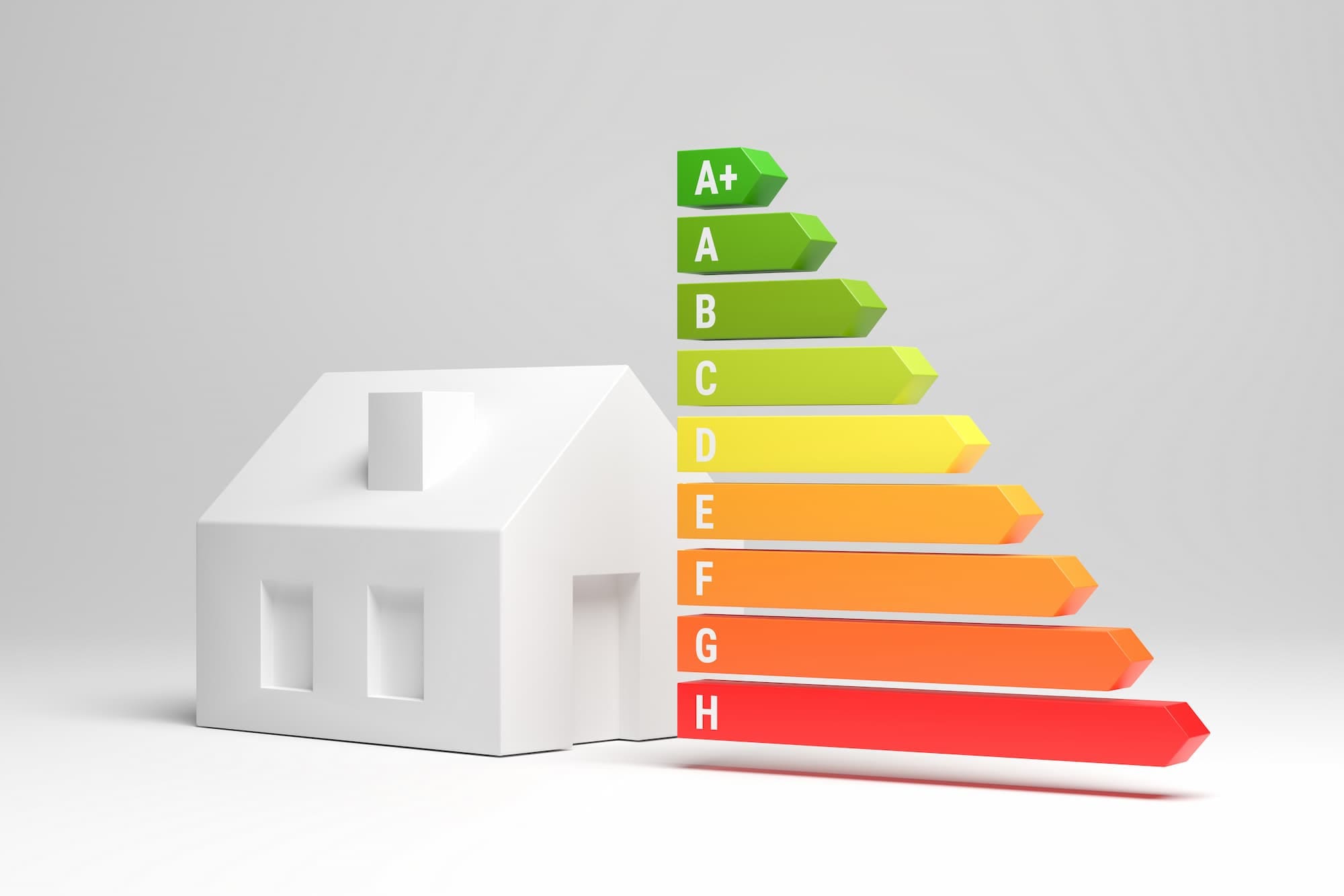 Home energy efficiency rating graphic showing EPC scale from A+ to H, highlighting the importance of energy-efficient home improvements.